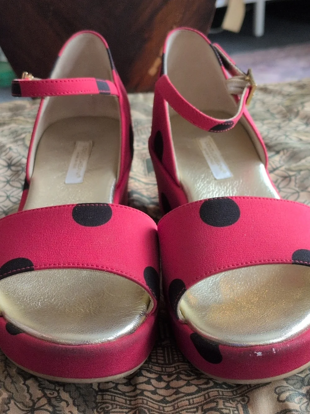 Dolce&Gabanna Girls Sz 34 Red/Blk Polka Dot Wedge Sandals with Ankle Strap